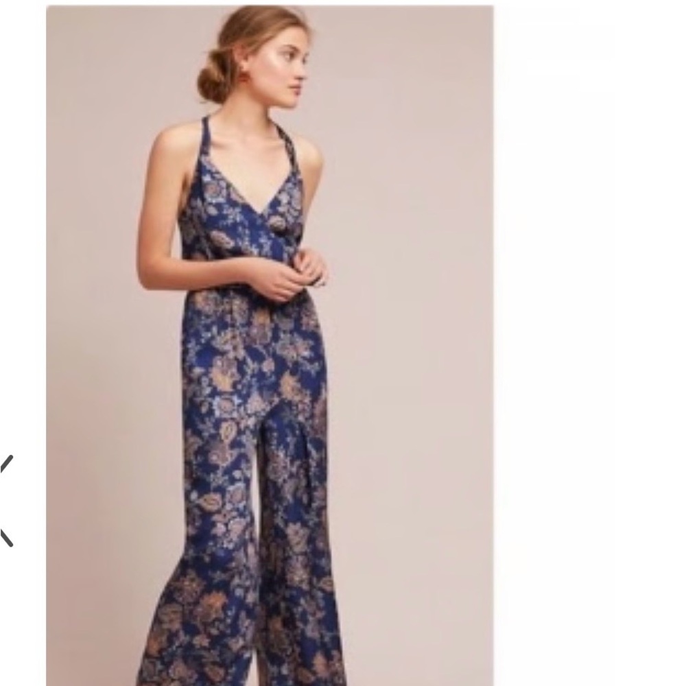 Anthropologie ett:twa Blue/Gold Floral Halter Faux Wrap Front Jumpsuit